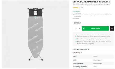 Brabantia Deska do prasowania rozmiar C 124 x 45 cm, podstawa na generator pary, SteamControl - Aqua Bowl Brabantia Deska do prasowania rozmiar C 124 x 45 cm, podstawa na generator pary, SteamControl - Aqua Bowl