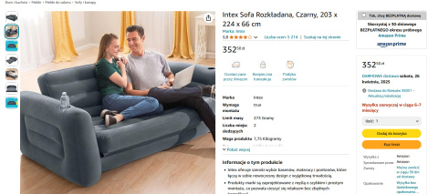 Intex Sofa Rozkładana, Czarny, 203 x 224 x 66 cm Intex Sofa Rozkładana, Czarny, 203 x 224 x 66 cm