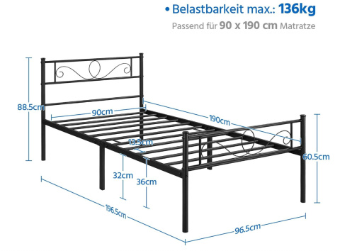 Yaheetech metalowa rama łóżka 90x190 cm, czarna Yaheetech metalowa rama łóżka 90x190 cm, czarna