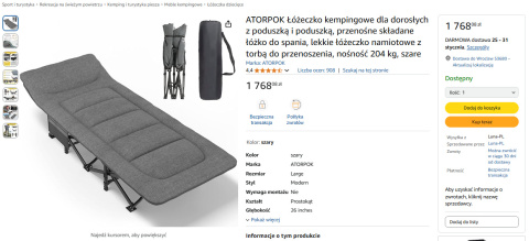 ATORPOK Przenośne łóżko kempingowe z poduszką, 204 kg, szare ATORPOK Przenośne łóżko kempingowe z poduszką, 204 kg, szare