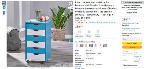Inter Link Kontener biurowy na kółkach z 6 szufladami – lite drewno sosnowe, petrol/biały Inter Link Kontener biurowy na kółkach z 6 szufladami – lite drewno sosnowe, petrol/biały