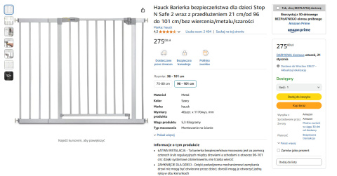 Hauck Barierka Bezpieczeństwa dla Dzieci Stop N Safe 2 z Przedłużeniem 21 cm Hauck Barierka Bezpieczeństwa dla Dzieci Stop N Safe 2 z Przedłużeniem 21 cm