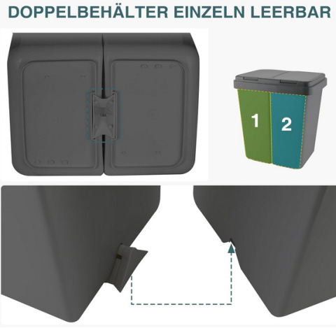 Ribelli Podwójny Kosz na Śmieci z Pokrywą – 2 x 25 L, Antracyt Ribelli Podwójny Kosz na Śmieci z Pokrywą – 2 x 25 L, Antracyt