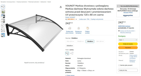 VOUNOT Daszek łukowy 120x80 cm, aluminium i poliwęglan, przezroczysty, czarny VOUNOT Daszek łukowy 120x80 cm, aluminium i poliwęglan, przezroczysty, czarny