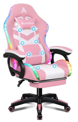ALFORDSON Krzesło do gier z oświetleniem RGB LED i podnóżkiem, różowe, ergonomiczne