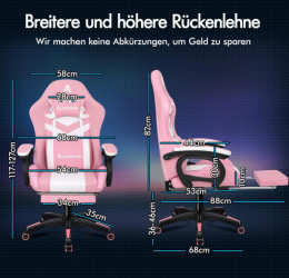 ALFORDSON Krzesło do gier z oświetleniem RGB LED i podnóżkiem, różowe, ergonomiczne