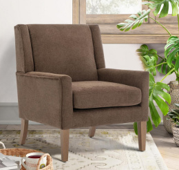 Fotel COLAMY Modern Wingback, tapicerowany, brązowy, z drewnianymi nogami
