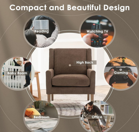 Fotel COLAMY Modern Wingback, tapicerowany, brązowy, z drewnianymi nogami Fotel COLAMY Modern Wingback, tapicerowany, brązowy, z drewnianymi nogami