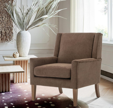Fotel COLAMY Modern Wingback, tapicerowany, brązowy, z drewnianymi nogami Fotel COLAMY Modern Wingback, tapicerowany, brązowy, z drewnianymi nogami