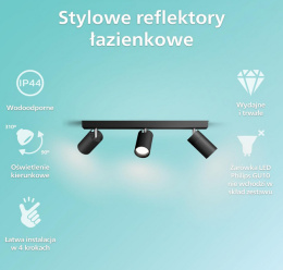 Philips LED Potrójny Reflektor Punktowy Idris, Czarny, IP44, Wodoodporny, Żarówki GU10 Niezawarte w Zestawie