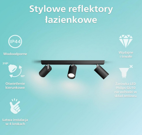 Philips LED Potrójny Reflektor Punktowy Idris, Czarny, IP44, Wodoodporny, Żarówki GU10 Niezawarte w Zestawie Philips LED Potrójny Reflektor Punktowy Idris, Czarny, IP44, Wodoodporny, Żarówki GU10 Niezawarte w Zestawie
