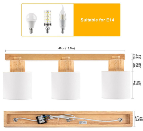 Doughelec Lampa Sufitowa 3 Obrotowe Reflektory Punktowe z Drewna, Retro E14, Bez Żarówek Doughelec Lampa Sufitowa 3 Obrotowe Reflektory Punktowe z Drewna, Retro E14, Bez Żarówek