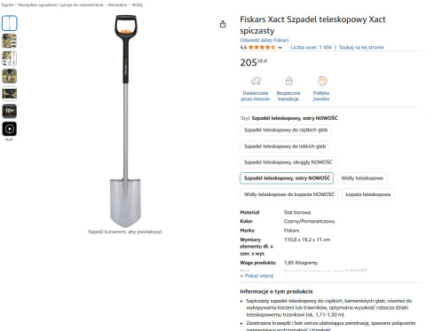 Fiskars Xact Szpadel teleskopowy Xact spiczasty Fiskars Xact Szpadel teleskopowy Xact spiczasty