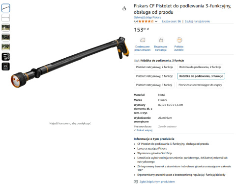 Fiskars CF Pistolet do podlewania 3-funkcyjny, obsługa od przodu Fiskars CF Pistolet do podlewania 3-funkcyjny, obsługa od przodu