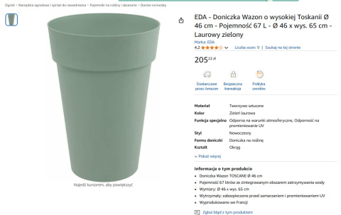 EDA Doniczka Wazon Wysoka Toskania 46 cm, wysokość 65 EDA Doniczka Wazon Wysoka Toskania 46 cm, wysokość 65