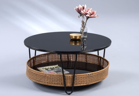 Stolik Kawowy Okrągły, Czarny Metalowy, Szkło i Rattan, 80 cm Stolik Kawowy Okrągły, Czarny Metalowy, Szkło i Rattan, 80 cm