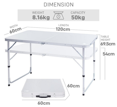 EVER ADVANCED Składany stół kempingowy 120 cm – aluminiowy, z regulacją wysokości i schowkiem EVER ADVANCED Składany stół kempingowy 120 cm – aluminiowy, z regulacją wysokości i schowkiem