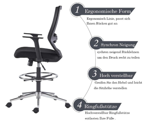 Ergonomiczne krzesło biurowe Sunon z siatki, obrotowe, regulowana wysokość, podnóżek, kółka hamulcowe, czarne Ergonomiczne krzesło biurowe Sunon z siatki, obrotowe, regulowana wysokość, podnóżek, kółka hamulcowe, czarne