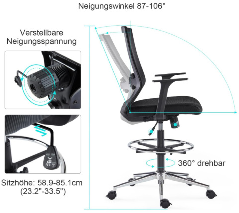 Ergonomiczne krzesło biurowe Sunon z siatki, obrotowe, regulowana wysokość, podnóżek, kółka hamulcowe, czarne Ergonomiczne krzesło biurowe Sunon z siatki, obrotowe, regulowana wysokość, podnóżek, kółka hamulcowe, czarne