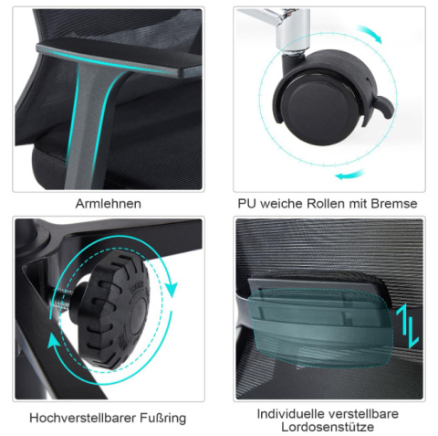 Ergonomiczne krzesło biurowe Sunon z siatki, obrotowe, regulowana wysokość, podnóżek, kółka hamulcowe, czarne Ergonomiczne krzesło biurowe Sunon z siatki, obrotowe, regulowana wysokość, podnóżek, kółka hamulcowe, czarne