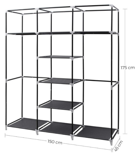 SONGMICS tekstylny składany garderobiany, 150 x 45 x 175 cm, czarny – szafa na ubrania z drążkiem i półkami SONGMICS tekstylny składany garderobiany, 150 x 45 x 175 cm, czarny – szafa na ubrania z drążkiem i półkami