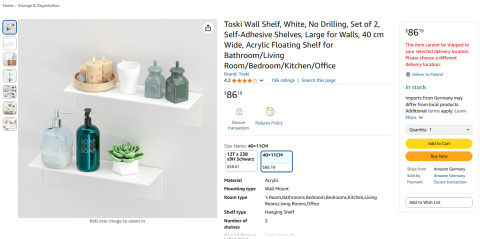 Toski Wall Shelf – zestaw 2 samoprzylepnych półek ściennych Toski Wall Shelf – zestaw 2 samoprzylepnych półek ściennych