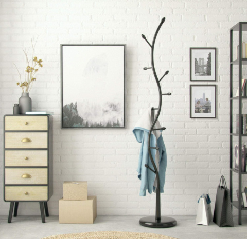 Versa Swindon – minimalistyczny wieszak stojący na ubrania, czarny, metalowy Versa Swindon – minimalistyczny wieszak stojący na ubrania, czarny, metalowy