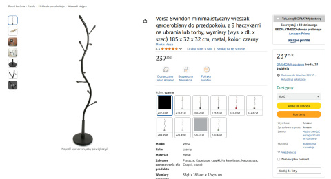 Versa Swindon – minimalistyczny wieszak stojący na ubrania, czarny, metalowy Versa Swindon – minimalistyczny wieszak stojący na ubrania, czarny, metalowy