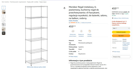 Mondeer Regał metalowy 6-poziomowy z 8 haczykami, regulacja wysokości, Mondeer Regał metalowy 6-poziomowy z 8 haczykami, regulacja wysokości,