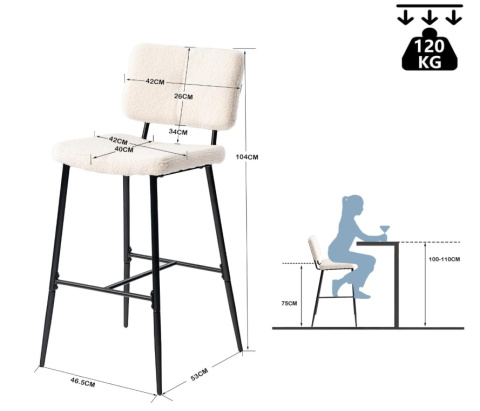 MEUBLE COSY hoker, krzesło barowe z oparciem i podnóżkiem, siedzisko 75 cm MEUBLE COSY hoker, krzesło barowe z oparciem i podnóżkiem, siedzisko 75 cm