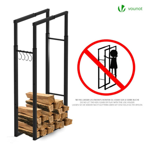 VOUNOT – Stojak na drewno kominkowe, regulowany, metalowy, czarny VOUNOT – Stojak na drewno kominkowe, regulowany, metalowy, czarny