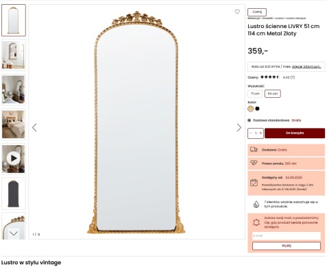 Lustro ścienne Beliani LIVRY – złote, 51×114 cm, metalowa rama, styl vintage Lustro ścienne Beliani LIVRY – złote, 51×114 cm, metalowa rama, styl vintage