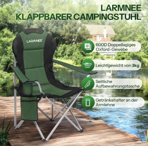 LARMNEE Składane Krzesło Kempingowe z Uchwytem na Butelki i Torbą do Przenoszenia, Zielono-Czarne, Wymiary 54.5 x 54.5 x 105 cm LARMNEE Składane Krzesło Kempingowe z Uchwytem na Butelki i Torbą do Przenoszenia, Zielono-Czarne, Wymiary 54.5 x 54.5 x 105 cm