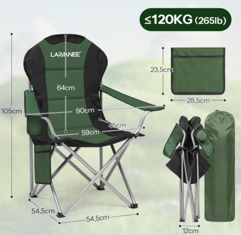 LARMNEE Składane Krzesło Kempingowe z Uchwytem na Butelki i Torbą do Przenoszenia, Zielono-Czarne, Wymiary 54.5 x 54.5 x 105 cm LARMNEE Składane Krzesło Kempingowe z Uchwytem na Butelki i Torbą do Przenoszenia, Zielono-Czarne, Wymiary 54.5 x 54.5 x 105 cm