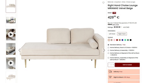 Beliani Szezlong Prawostronny beliani MIRAMAS Beżowy Welur sofa Beliani Szezlong Prawostronny beliani MIRAMAS Beżowy Welur sofa