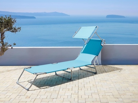 Leżak ogrodowy składany FOLIGNO z daszkiem – turkusowy | Beliani Leżak ogrodowy składany FOLIGNO z daszkiem – turkusowy | Beliani