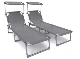 Zestaw 2 Leżaków Plażowych VOUNOT z Daszkiem – Szare, Składane